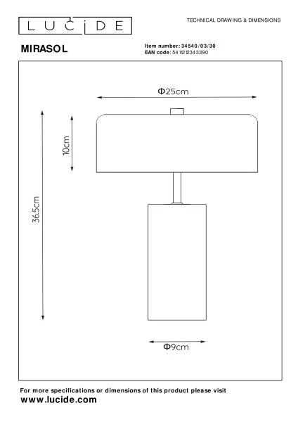 Lucide MIRASOL - Tafellamp - Ø 25 cm - 3xG9 - Zwart - technisch